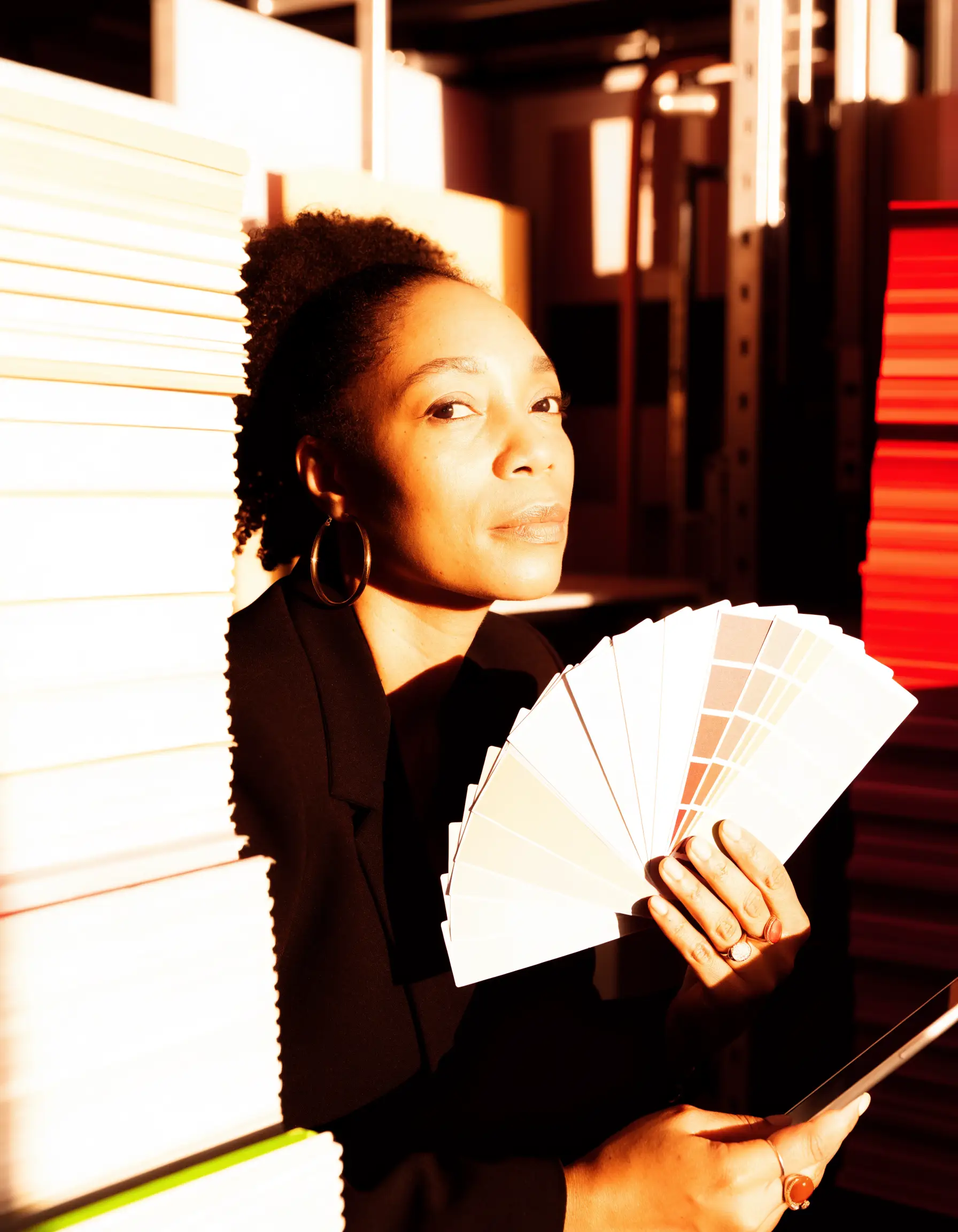 Print business owner reviewing colour samples